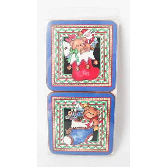 Pimpernel Christmas Stocking Teddy Bear Vintage Coasters 8 NOS - Picture 4 of 6